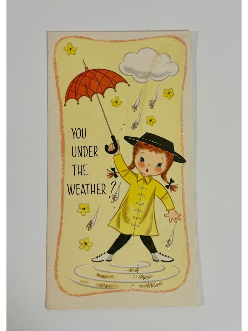 Vintage Get Well Soon Greeting Card Glitter Accents Girl In Yellow Raincoat & Um
